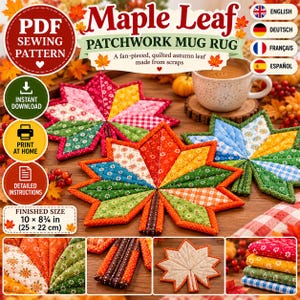 Maple Leaf Mug Rug Sewing Pattern PDF, Autumn Patchwork Coaster, Quilted Leaf Mug Mat, Beginner Friendly Sewing Tutorial, Instant Download