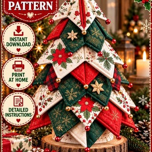 May include: A quilted Christmas tree sewing pattern featuring red, green, and white fabric segments with poinsettia, snowflake, and plaid prints. The tree is topped with a star and decorated with small red and gold beads.