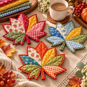 May include: Three quilted fabric coasters shaped like maple leaves, each featuring a patchwork design of various floral, gingham, and solid-colored cotton fabrics in shades of red, yellow, green, blue, and orange with stitched details.