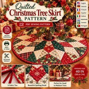 Pode incluir: Um molde de costura para saia de árvore de Natal acolchoada com design de estrela em vermelho, verde e creme, com estampas de poinsétias e flocos de neve. A saia circular inclui seis laços de tecido e mede 101,6 cm finalizada.