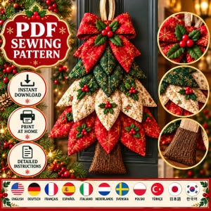 May include: A PDF sewing pattern for a fabric Christmas tree wall hanging. The design features layered, quilted leaves in red, green, and cream with gold snowflake patterns, accented by holly berries and a brown textured trunk.