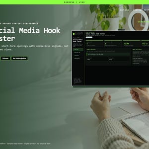May include: A digital interface titled Social Media Hook Tester displayed on a screen, featuring a dark dashboard with green text and metrics. The layout includes sections for content performance, data comparison, and a sidebar with navigation options.