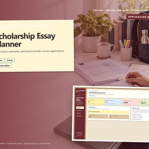 May include: A digital Scholarship Essay Planner application board featuring a cream-colored interface with the text Scholarship Essay Planner, Map essays, examples, and recommenders across applications, Offline, Private, and No subscription.