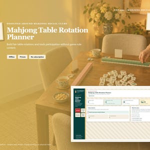 以下が含まれることがあります： 画面に表示されたデジタル麻雀卓ローテーションプランナー。ゲーム参加状況を追跡するためのデータフィールドを備えたダッシュボードが特徴です。インターフェースには「Mahjong Table Rotation Planner」、「Offline」、「Private」、「No subscription」といったテキストラベルが含まれており、麻雀牌が置かれた木製テーブルの背景の上に配置されています。