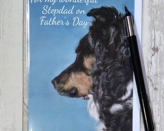 Father's Day card. Stepdad Father's Day card. Stepdad card. Border Collie card. Printed card. Greetings card. Stepdad on Father's Day.