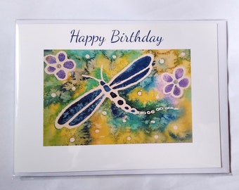 Birthday card. Dragonfly card. Happy Birthday card. Printed card. Greetings card.