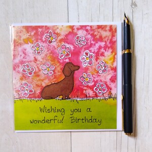 Dachshund Birthday card. Dachshund card. Printed card. Wishing you a wonderful Birthday. Dog card. Floral card. Flower card.