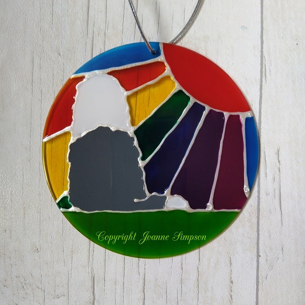 Old English Sheepdog Rainbow sunshine pet memorial sun catcher decoration. Dog memorial. Dog loss.