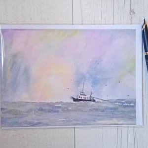Carte d'anniversaire. Carte imprimée. Carte de voeux. Carte de paysage marin. Carte panoramique. Paysage. Carte océan. Carte maritime. Carte de bateau.