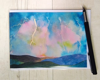 Birthday card. Printed card. Greetings card. Stormy skies. Thunderstorm. Lightening.