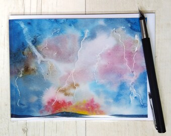 Birthday card. Printed card. Greetings card. Stormy skies. Thunderstorm. Lightening.