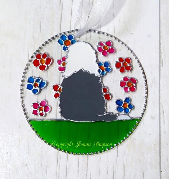 Old English Sheepdog sun catcher. 'Blooming lovely Old English Sheepdog' Hand painted glass. Old English Sheepdog lover gift. Dog lover.