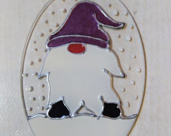 Cheeky Gnome suncatcher decoration purple. 'I'll be gnome for Christmas', glass tree ornament, hand painted