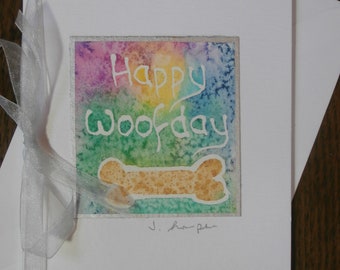 Hand painted watercolour card. Birthday card for the dog, Happy Woofday. Mini art on a card, Mini watercolour, original art