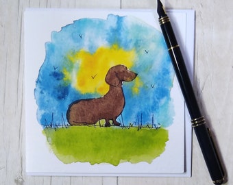 Dachshund Summer card. Dachshund card. Dachshund lover card. Greetings card. Printed card.