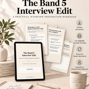 Puede incluir: Una tableta digital que muestra el libro de trabajo The Band 5 Interview Edit, rodeada de páginas impresas de la misma guía, un cuaderno de espiral con el texto Same Goal Brighter Future, un bolígrafo y una taza con el texto Confidence Creates Opportunity.