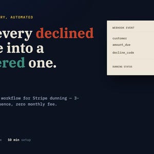 Peut inclure: Un graphique numérique bleu foncé avec le texte "Turn every declined charge into a recovered one." et "REVENUE RECOVERY, AUTOMATED." Une carte claire affiche "WEBHOOK EVENT", "#EVT_1P9X2K", "customer amelia@northloop.io", "amount_due $248.00", "decline_code insufficient_funds" et "RECOVERED".