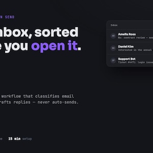 Może przedstawiać: Ciemny interfejs z tekstem AI TRIAGE, HUMAN SEND oraz Your inbox, sorted before you open it. Lista skrzynki odbiorczej pokazuje wiadomości od Amelia Ross, Daniel Kim i Support Bot. Poniższy tekst brzmi A self-hosted n8n workflow.