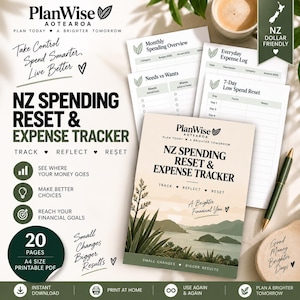 Op de afbeelding: Een printbare NZ Spending Reset & Expense Tracker PDF met 20 pagina's op A4-formaat. De set bevat een voorpagina met een landschapsillustratie, een maandelijks uitgavenoverzicht, een dagelijks uitgavenlogboek, behoeften versus wensen en een 7-daagse reset.