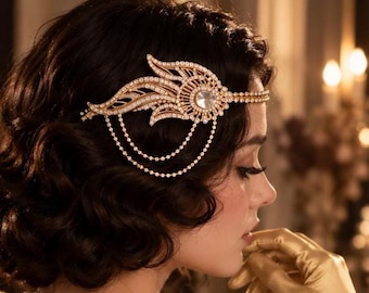 May include: A gold-toned hair accessory featuring a decorative fan-shaped piece encrusted with clear crystals and a central round stone. Two delicate gold chains drape from the main piece, which is secured to dark wavy hair. A pearl necklace is visible.