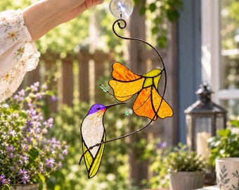 Hummingbird Stained Glass Window Hangings | Flower Art | Custom Stained Glass | Hummingbird Suncatcher | Gift For Mom | Christmas Gift