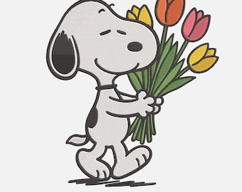 Diseño de bordado de Snoopy sosteniendo flores, archivo para máquina de bordar con diseño floral de dibujos animados (descarga instantánea)