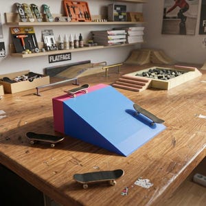 Puede incluir: Un set de skatepark para fingerboard sobre una mesa de madera que incluye una rampa azul y rosa, varios monopatines en miniatura, barandillas de metal, una escalera de madera y varias pegatinas y pósteres de Flatface en las paredes.