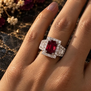2.50Ct. Natural Ruby Halo Ring, Emerald Cut, Baguette Side Stones, 10K White Gold Finish