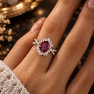 Puede incluir: Un anillo con una gran piedra central de rubí rojo intenso de corte ovalado, rodeada por un halo de pequeños diamantes blancos redondos y de corte baguette. La banda es de metal y presenta un diseño entrecruzado con pequeños diamantes.