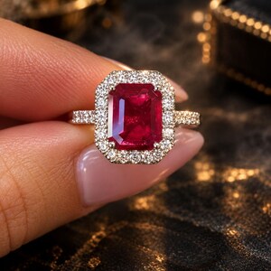 Puede incluir: Un anillo con una gran piedra preciosa rectangular de color rojo intenso, engastada en un halo de pequeñas piedras redondas transparentes. La banda es de metal y también está incrustada con pequeñas piedras redondas a lo largo del aro.