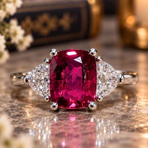 Peut inclure: Une bague à trois pierres avec une grande pierre précieuse rouge foncé taille coussin au centre, flanquée de deux pierres latérales transparentes en forme de poire. Les pierres sont montées sur un anneau en métal argenté poli.