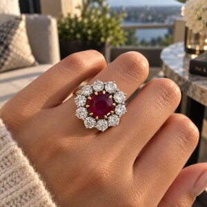 Op de afbeelding: Een ring met een grote, ronde, dieprode robijn in het midden, omringd door een halo van tien witte diamanten in briljantgeslepen vorm. De stenen zijn gezet in een geelgouden band, wat een bloemvormig clusterontwerp op de vinger creëert.