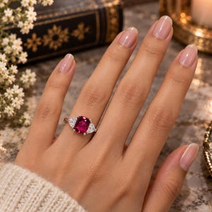 Könnte beinhalten: Ein silberner Ring mit einem großen, rechteckigen, kissenförmigen, leuchtend rosa Edelstein in der Mitte, flankiert von zwei kleineren, dreieckig geschliffenen, klaren weißen Diamanten auf jeder Seite, auf einer polierten Silberschiene.