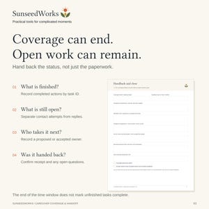 May include: A SunseedWorks informational document titled Coverage can end. Open work can remain. It outlines a four-step handback process for tasks, featuring a form titled Handback and close with fields for tracking completed actions and owners.