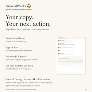 May include: An instructional document titled Your copy. Your next action. from SunseedWorks. It provides guidance on downloading, typing, or printing digital files on US Letter pages, including a preview of a form with numbered steps and fields.