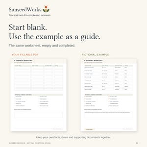 May include: A digital worksheet titled Evidence Inventory from SunseedWorks, featuring two side-by-side document layouts. The left side shows a blank fillable PDF template, while the right side displays a completed fictional example with text entries.