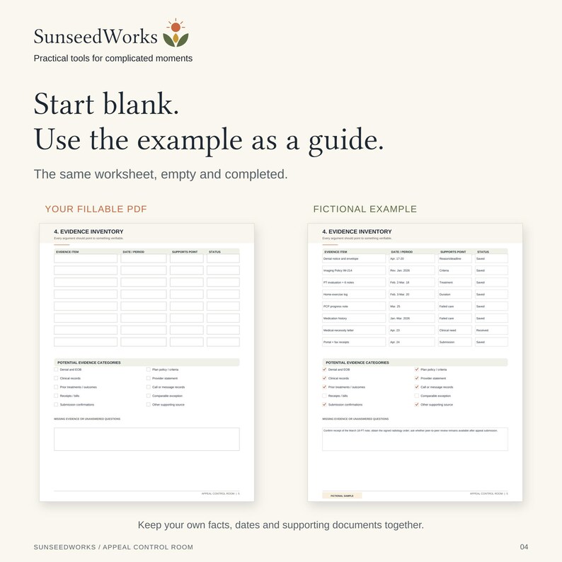 May include: A digital worksheet titled Evidence Inventory from SunseedWorks, featuring two side-by-side document layouts. The left side shows a blank fillable PDF template, while the right side displays a completed fictional example with text entries.
