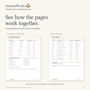 May include: A document page titled SunseedWorks featuring two sections: Evidence Inventory and Case Timeline. The layout includes tables with columns for dates, events, and status, alongside checkboxes for evidence categories and a critical moment field.