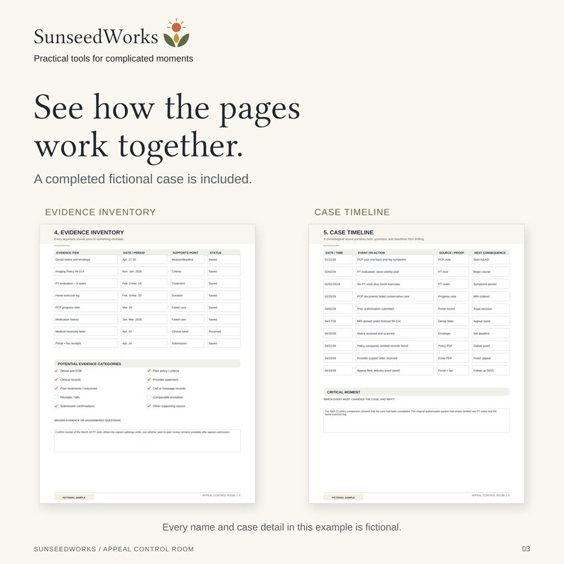 May include: A document page titled SunseedWorks featuring two sections: Evidence Inventory and Case Timeline. The layout includes tables with columns for dates, events, and status, alongside checkboxes for evidence categories and a critical moment field.