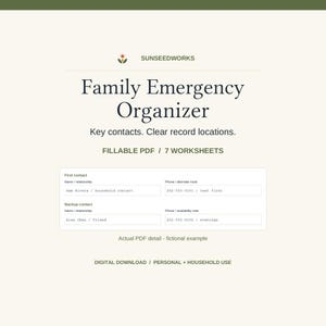 May include: A digital Family Emergency Organizer document featuring the brand name SUNSEEDWORKS, seven fillable PDF worksheets, and a sample contact form with fields for names, relationships, and phone numbers for personal and household use.