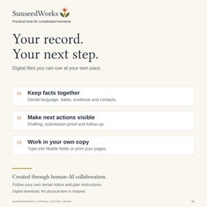 May include: A digital document page titled SunseedWorks with the text Your record. Your next step. It lists three numbered steps: Keep facts together, Make next actions visible, and Work in your own copy, with subtext for each and a footer note.