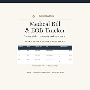 May include: A digital Medical Bill & EOB Tracker spreadsheet by SUNSEEDWORKS. The layout includes a table with columns for Payment ID, Bill ID, Payment date, Type, and Signed amount, showing fictional payment data for personal and household use.