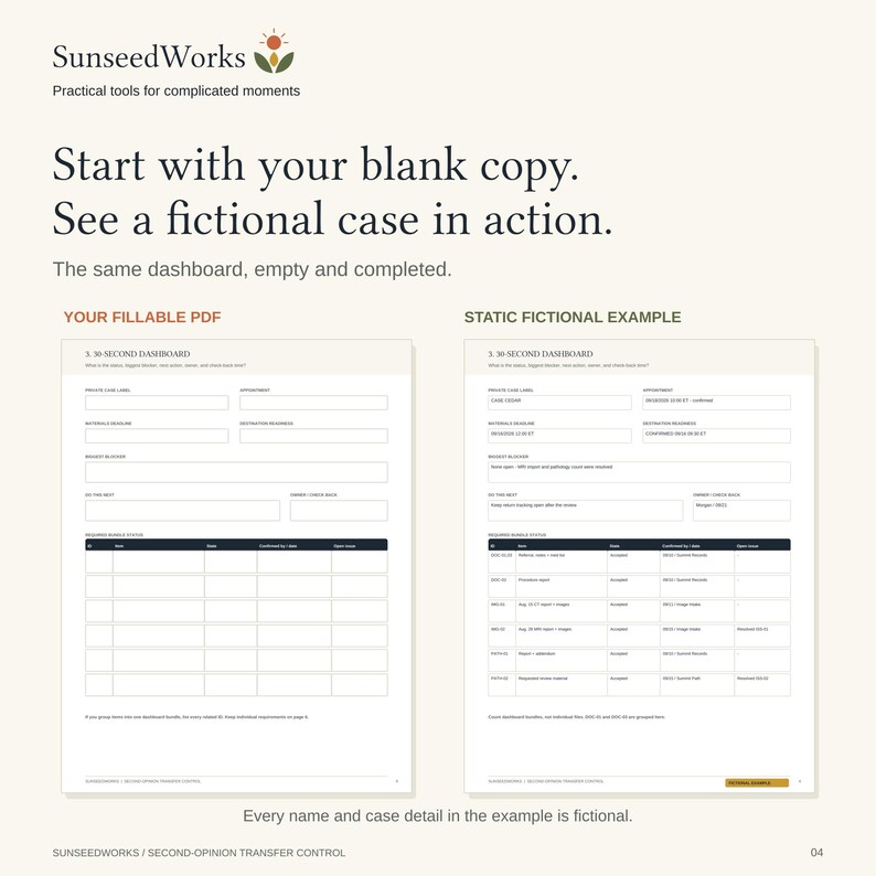 May include: A SunseedWorks document page titled 30-SECOND DASHBOARD showing two side-by-side forms. The left side is a blank fillable PDF template, and the right side is a static fictional example with completed fields and a dark blue data table.