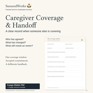 May include: A SunseedWorks Caregiver Coverage & Handoff document featuring a 9-page fillable PDF. The page displays a form titled This coverage window with fields for person name, coverage dates, preferences, primary contacts, and medication lists.