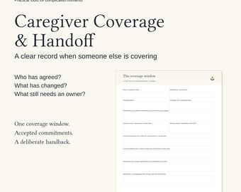 May include: A SunseedWorks Caregiver Coverage & Handoff document featuring a 9-page fillable PDF. The page displays a form titled This coverage window with fields for person name, coverage dates, preferences, primary contacts, and medication lists.