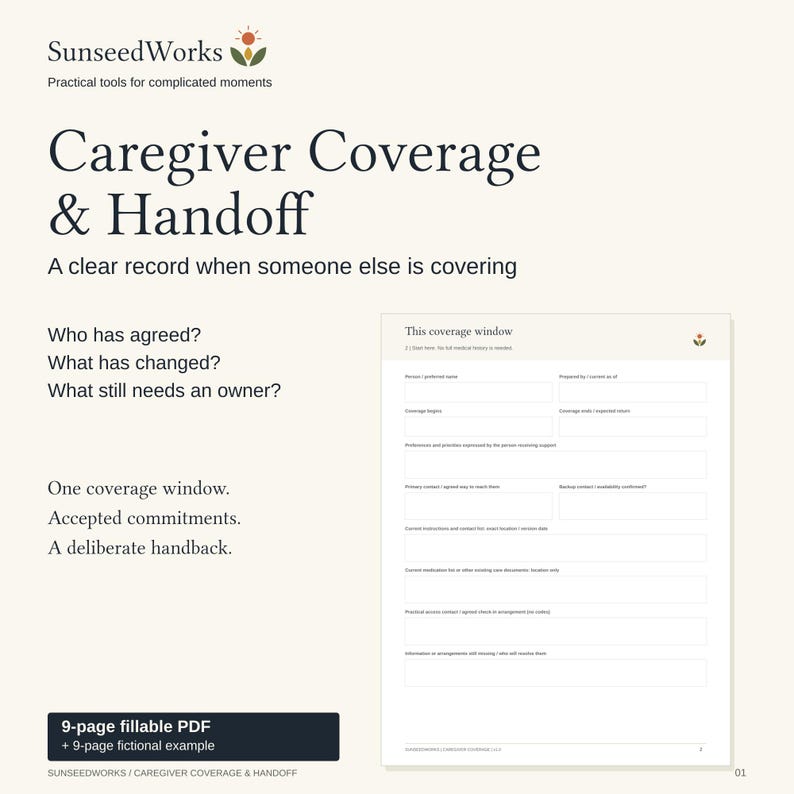 May include: A SunseedWorks Caregiver Coverage & Handoff document featuring a 9-page fillable PDF. The page displays a form titled This coverage window with fields for person name, coverage dates, preferences, primary contacts, and medication lists.
