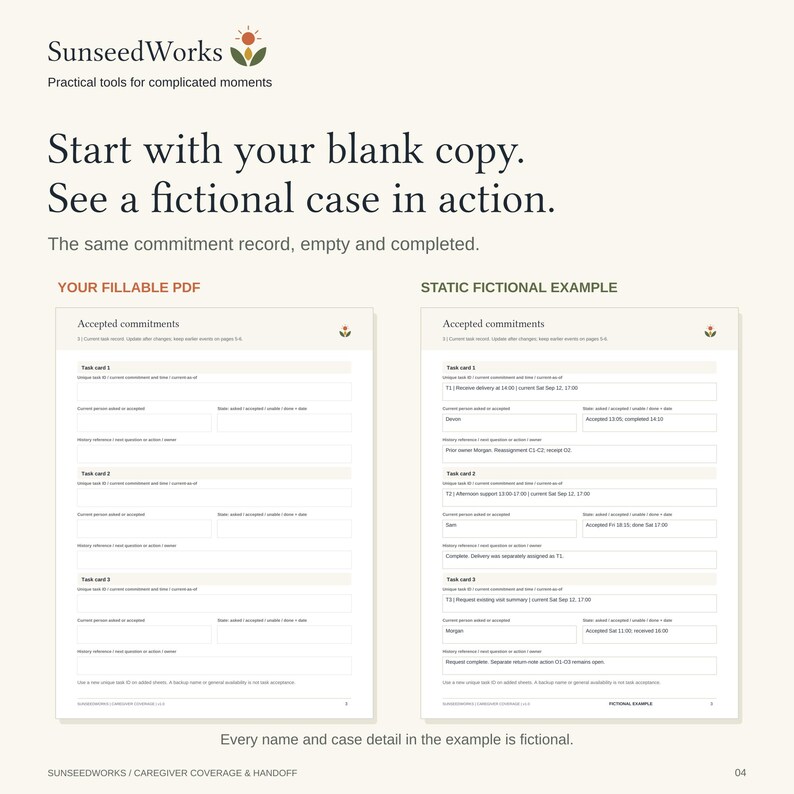 May include: A document titled SunseedWorks featuring two side-by-side pages. The left page is a blank fillable PDF titled Accepted commitments, and the right page is a static fictional example of the same form with completed task card entries.
