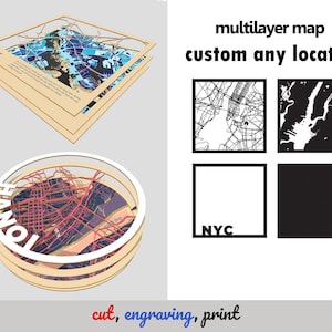 May include: A multilayer map featuring custom locations with wood-toned frames. The display includes a square map labeled BRICK, a circular map labeled HANOI, and a grid showing NYC. Text includes multilayer map, custom any location, and cut, engraving, print.