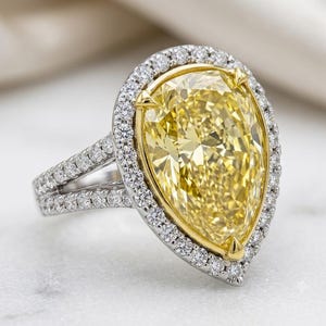 9,46 CT naturlig fancy gul päronformad diamantförlovningsring, GIA-certifierad 18K guld lyxig gul diamantbrudring