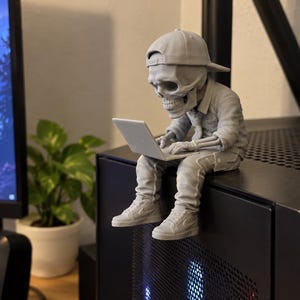 Könnte beinhalten: Eine hellgraue 3D-gedruckte Skelettfigur mit umgedrehter Baseballkappe, Hemd und Turnschuhen, die sitzt und auf einem kleinen Laptop tippt. Die Figur weist ein detailliertes Skelett, bewegliche Finger und eine strukturierte Kleidung auf.